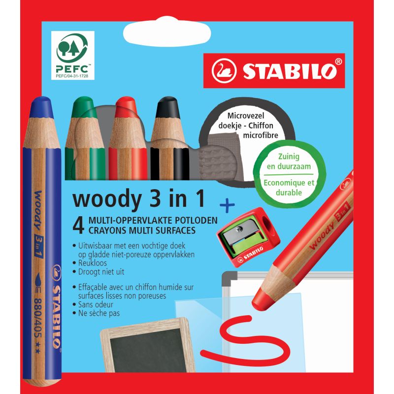 Etui de 4 crayons Woody 3 in 1 spécial pour tableau blanc, Marqueur tableau  blanc, Marqueur