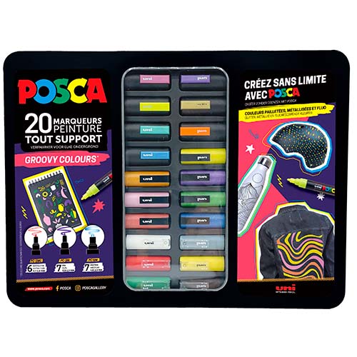 Coffret métal de 20 marqueurs Posca pointes assorties - GROOVY COLOURS