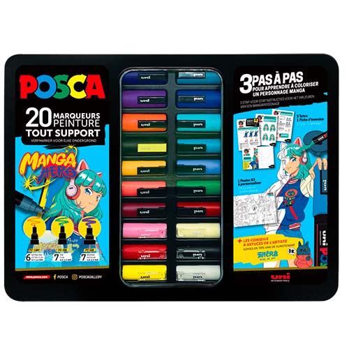 Coffret métal de 20 marqueurs Posca pointes assorties - MANGA HERO