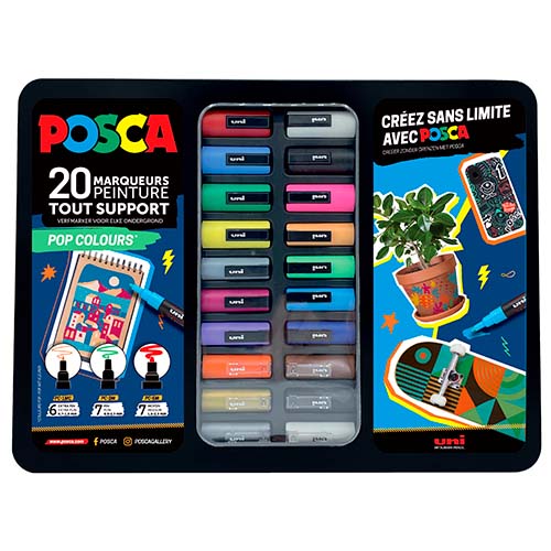 Coffret métal de 20 marqueurs Posca pointes assorties - POP COLOURS