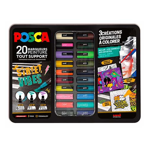 Coffret métal de 20 marqueurs Posca pointes assorties - STREET VIBES